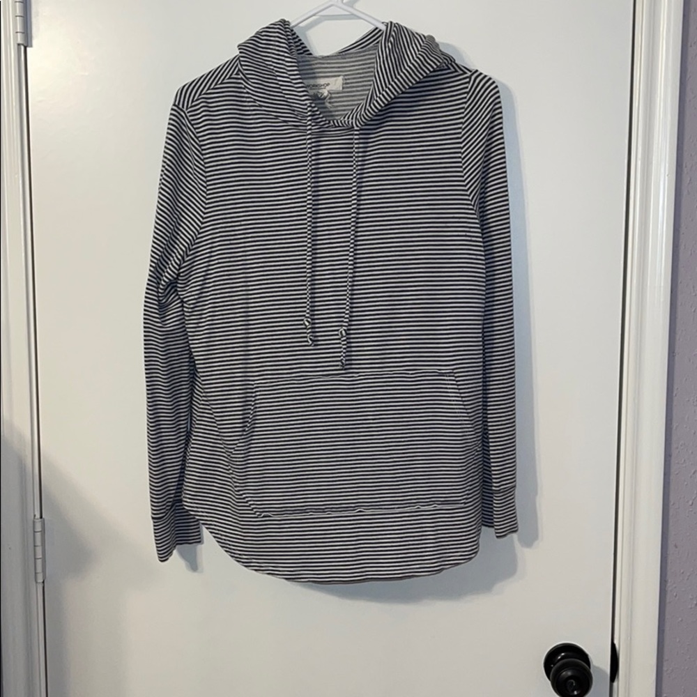 navy blue and white striped pull over